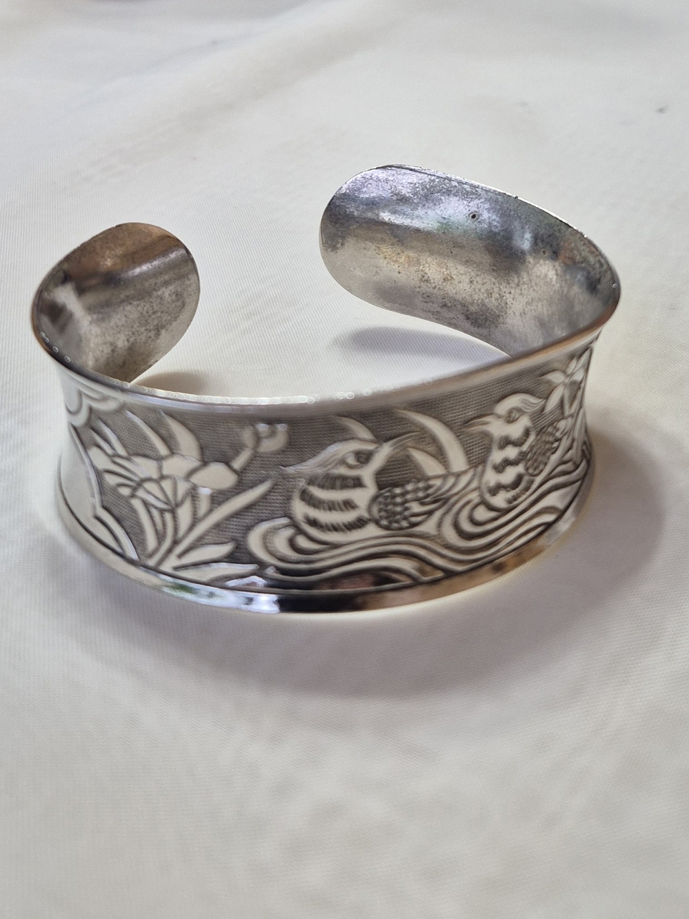 Vintage Asian Silver Sterling-Color Floral & Duck Engraved Cuff Bracelet